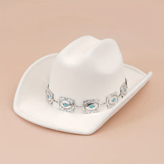 Western Cowboy Hat with Oval Stone Iron Chain Decoration