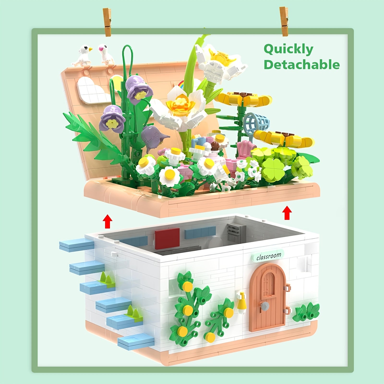Retro Classroom Brick Model Kit Flower Garden Mini Building Block 3D Puzzle
