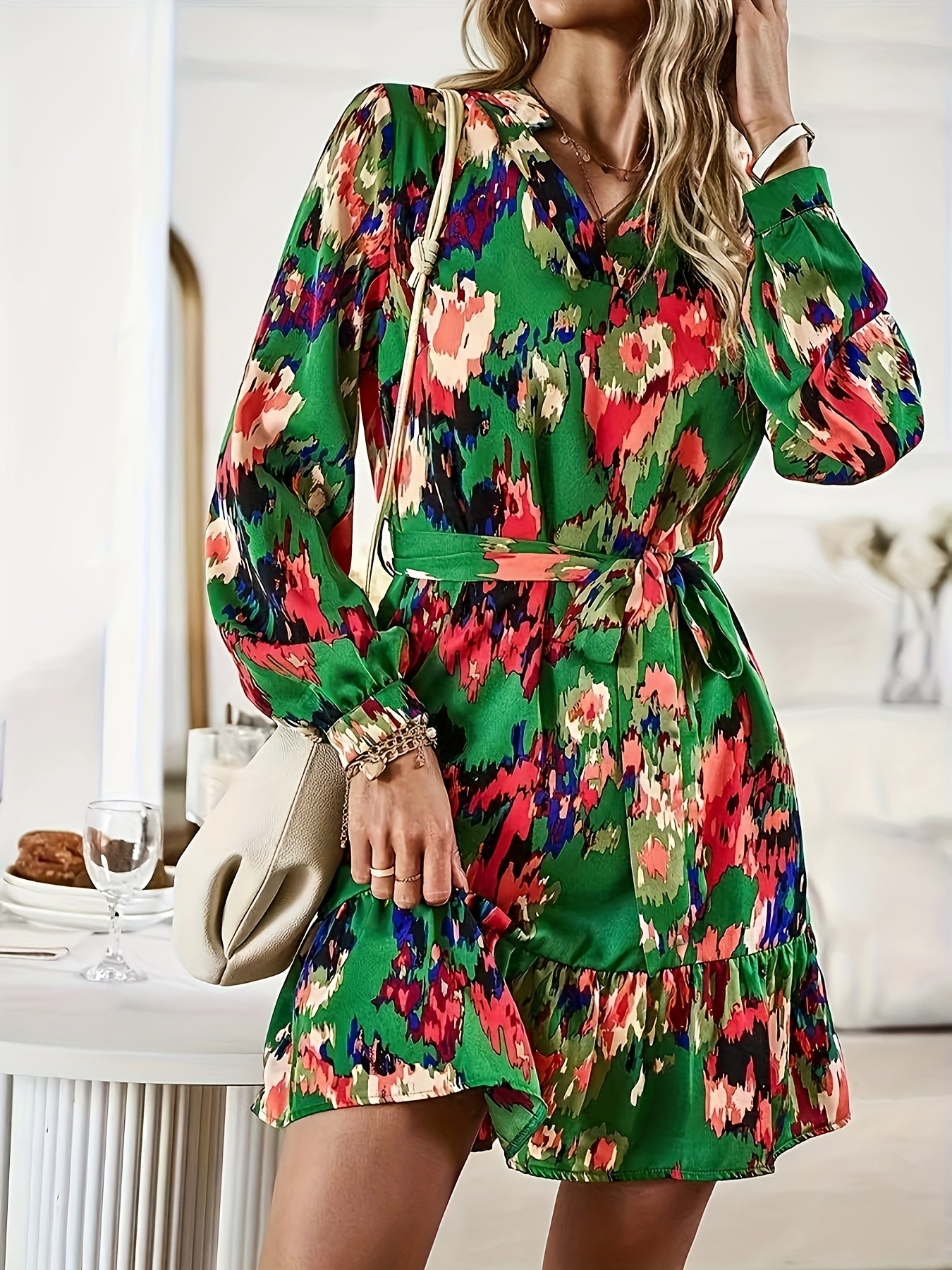  Boho Tie Dye Lantern Sleeve Ruffle Mini Dress