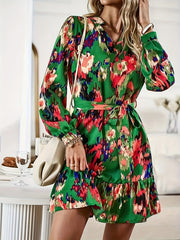 Boho Tie Dye Lantern Sleeve Ruffle Mini Dress