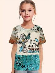 Cross & Letter Print Short Sleeve T shirt Girls Comfy Pullover
