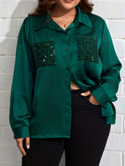  Sequin Satin Button Up Blouse