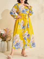  Floral Print Lantern Sleeve Dress With Belt