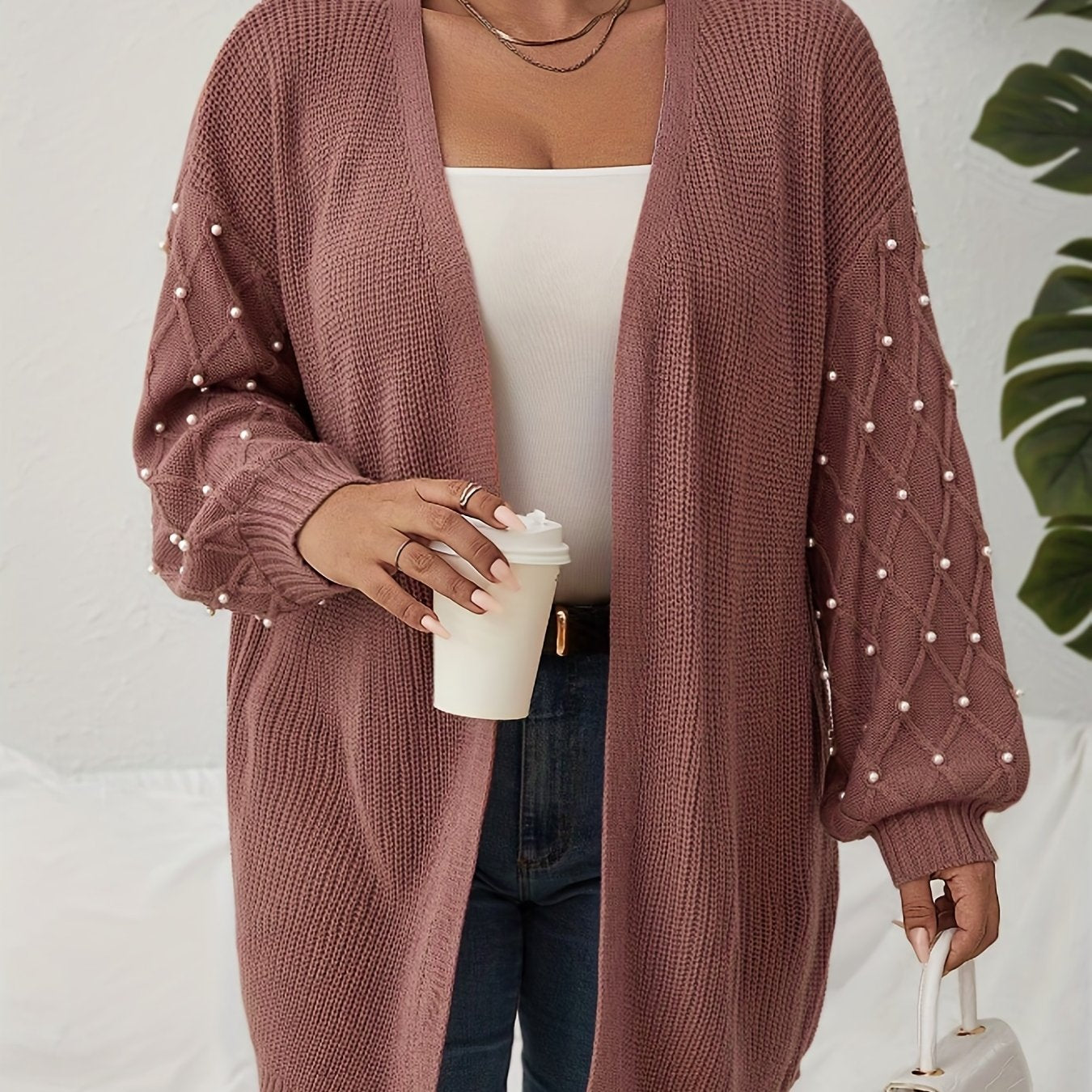  Solid Jacquard Faux Pearl Decor Lantern Sleeve Cardigan