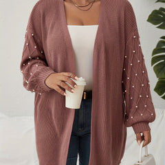  Solid Jacquard Faux Pearl Decor Lantern Sleeve Cardigan