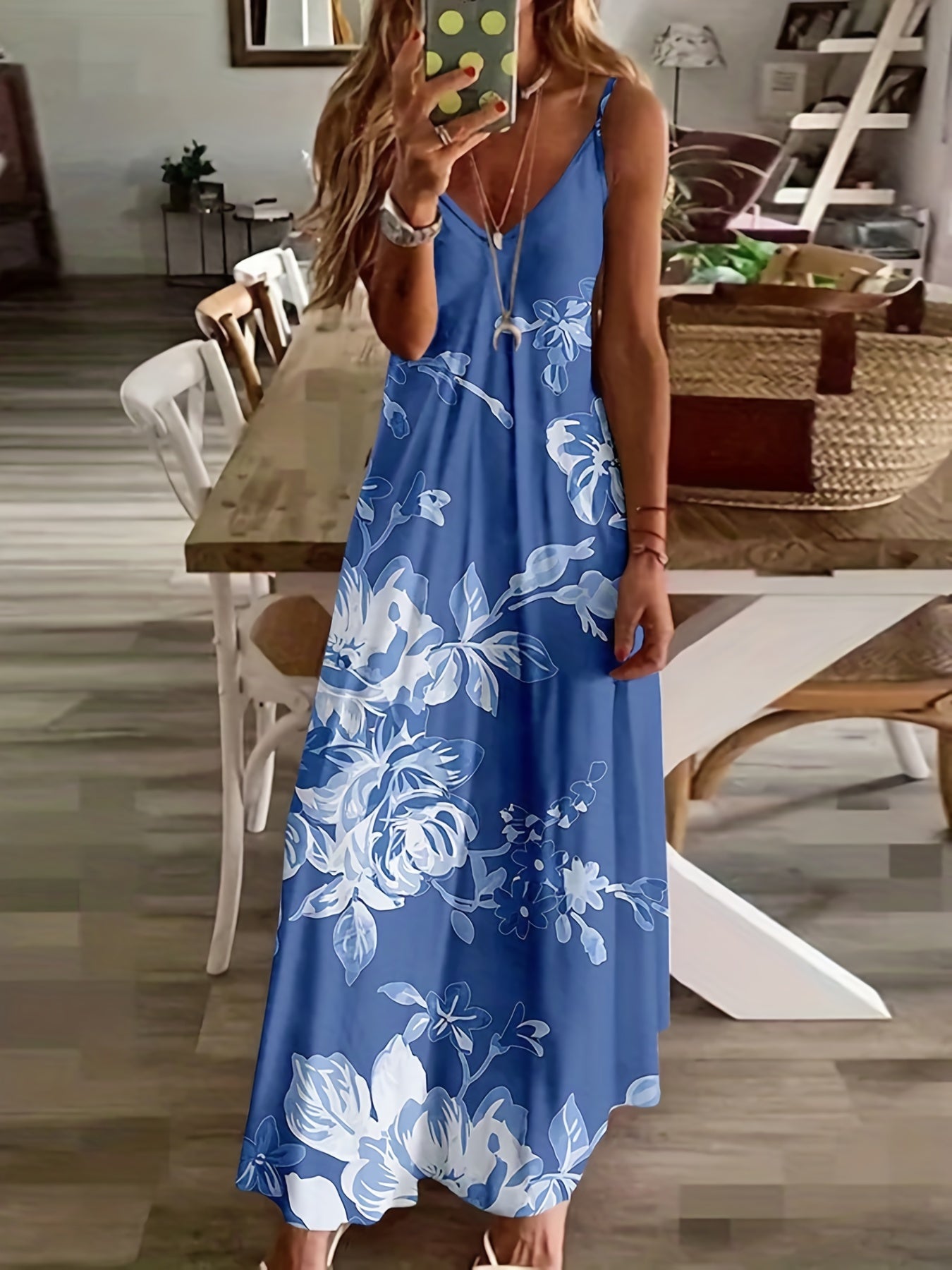  Floral Print Maxi Cami Dress Women's V Neck Slight Stretch