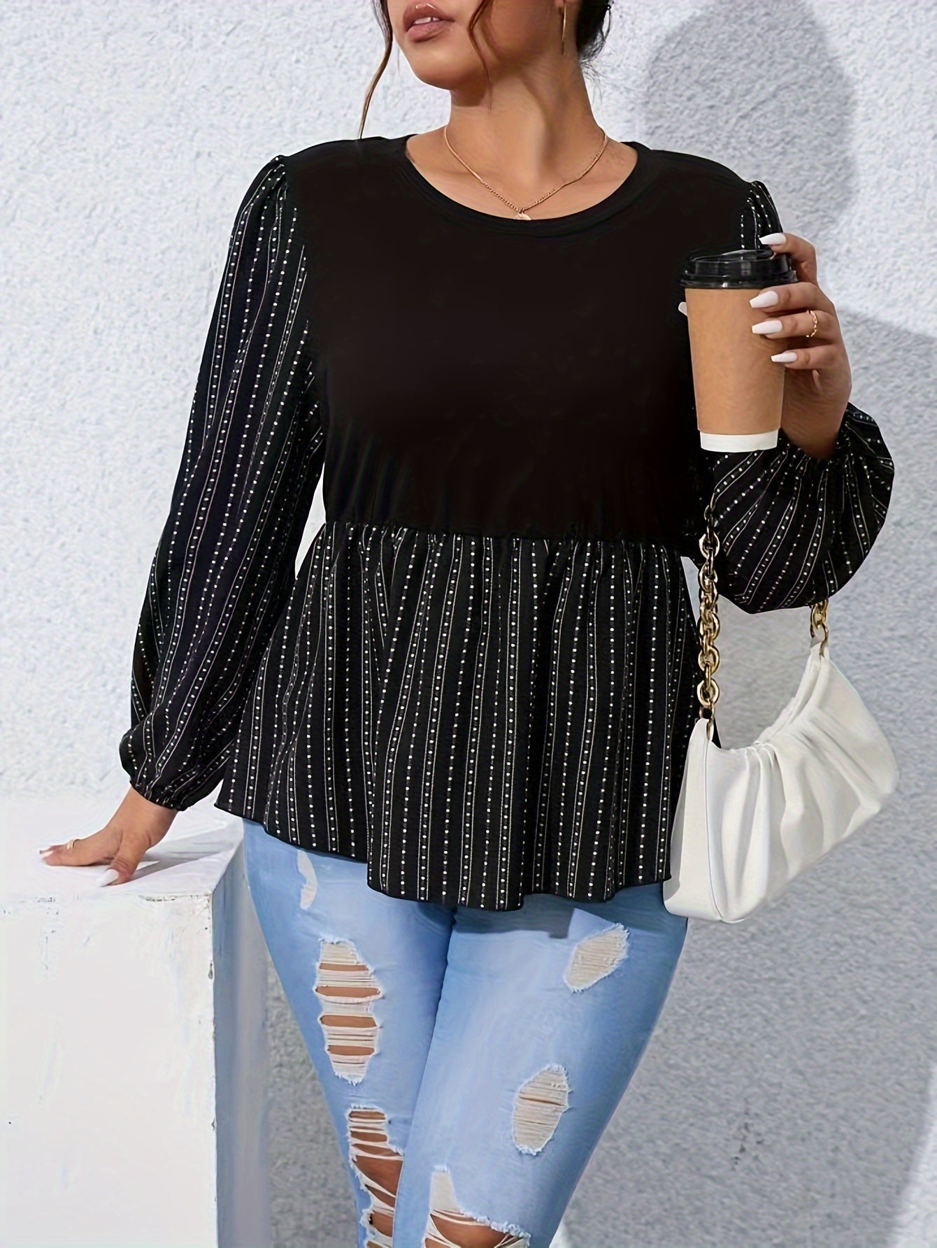 Colorblock Stripe & Dot Print Lantern Sleeve Peplum Shirt