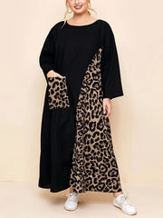  Lounge Dress Women's Colorblock Leopard Print Long Sleeve Nightdress