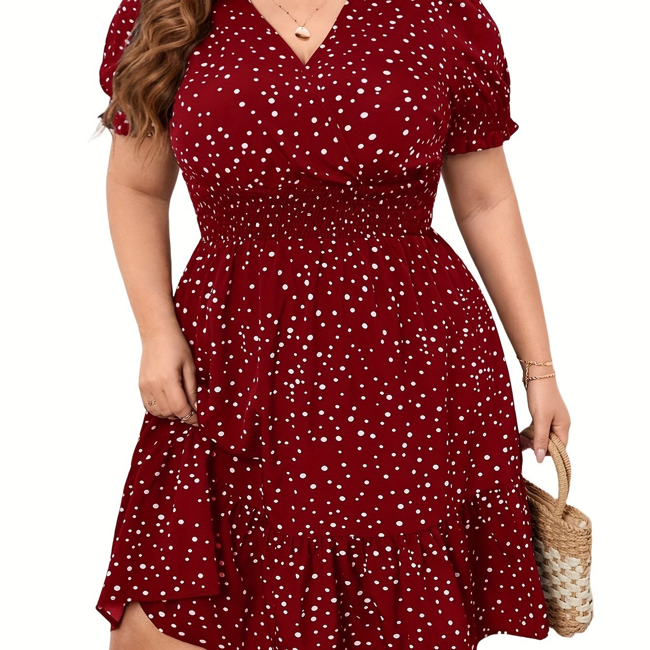  Dot Print Puff Sleeve V Neck Knee Length Dress