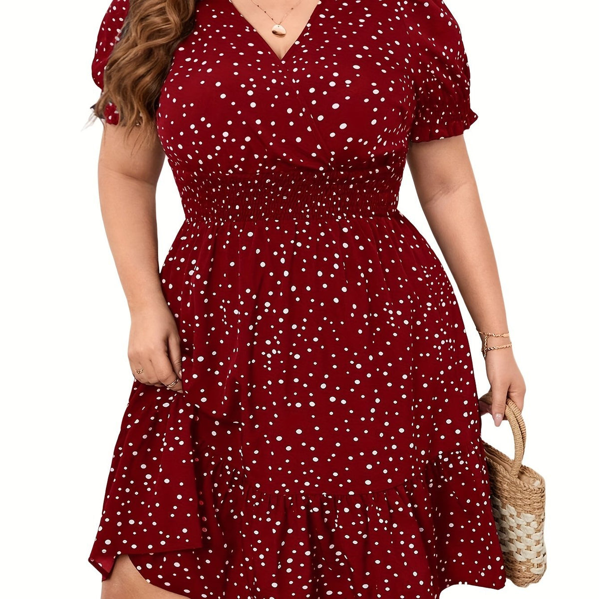  Dot Print Puff Sleeve V Neck Knee Length Dress