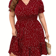  Dot Print Puff Sleeve V Neck Knee Length Dress