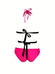  Sexy Swimsuit Women's Plus Gesture Print V Neck Cut Out Halter One Pie