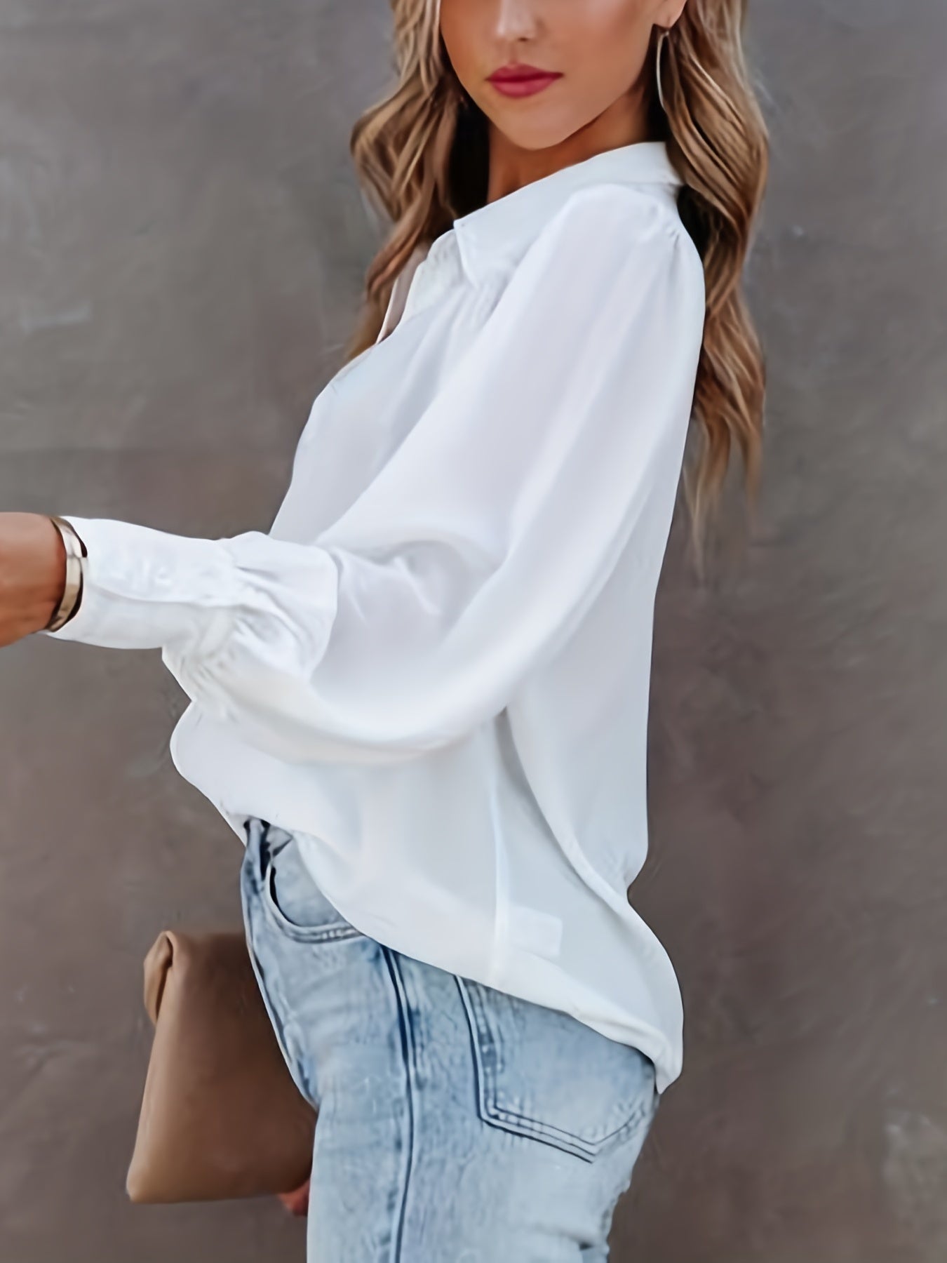  Solid Button Up Lantern Sleeve Blouse