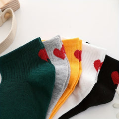 5 Pairs Heart Pattern Crew Socks Women's Stockings