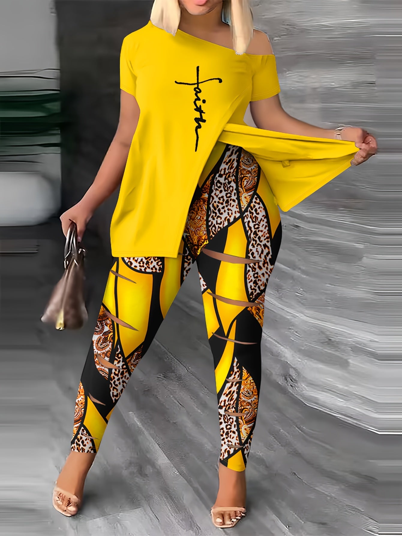  Cross Letter Print Short Sleeve Tee & Leggings Set