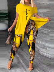  Cross Letter Print Short Sleeve Tee & Leggings Set