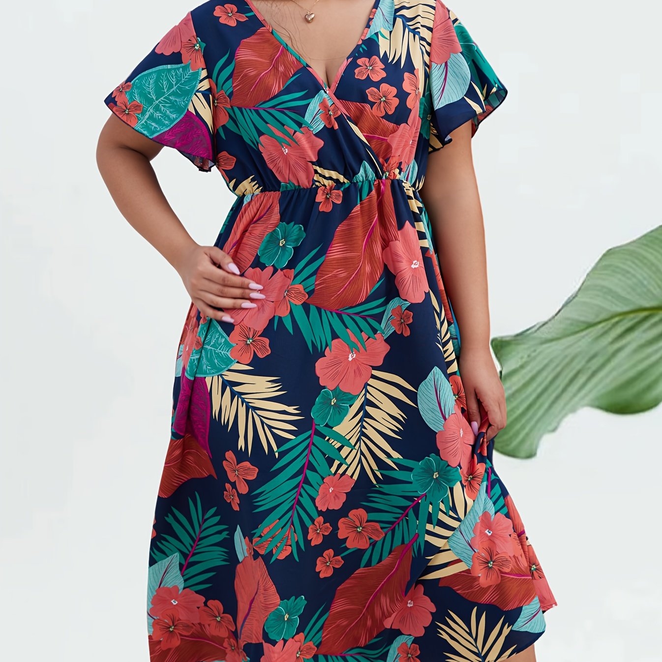  Tropical Print Flutter Sleeve Midi Dress