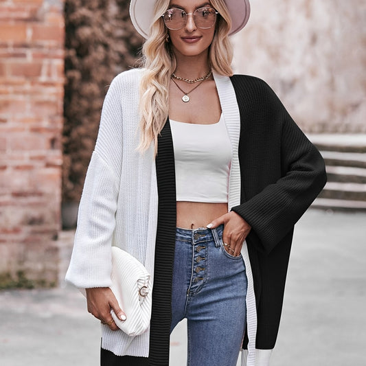  Colorblock Long Sleeve Open Front Cardigan