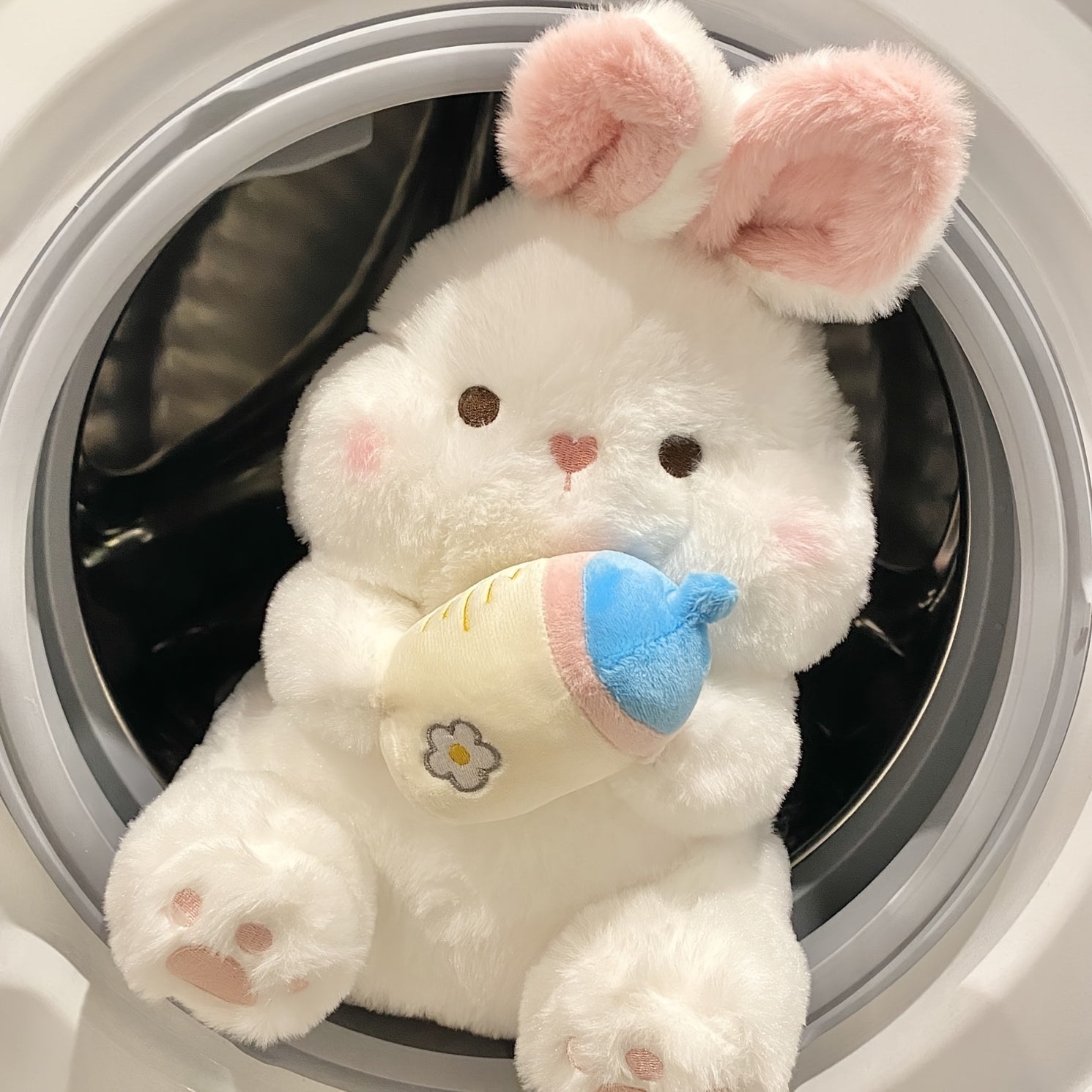 Rabbit Plush Toy with Pink Ears & Bottle - Home Decor for Halloween