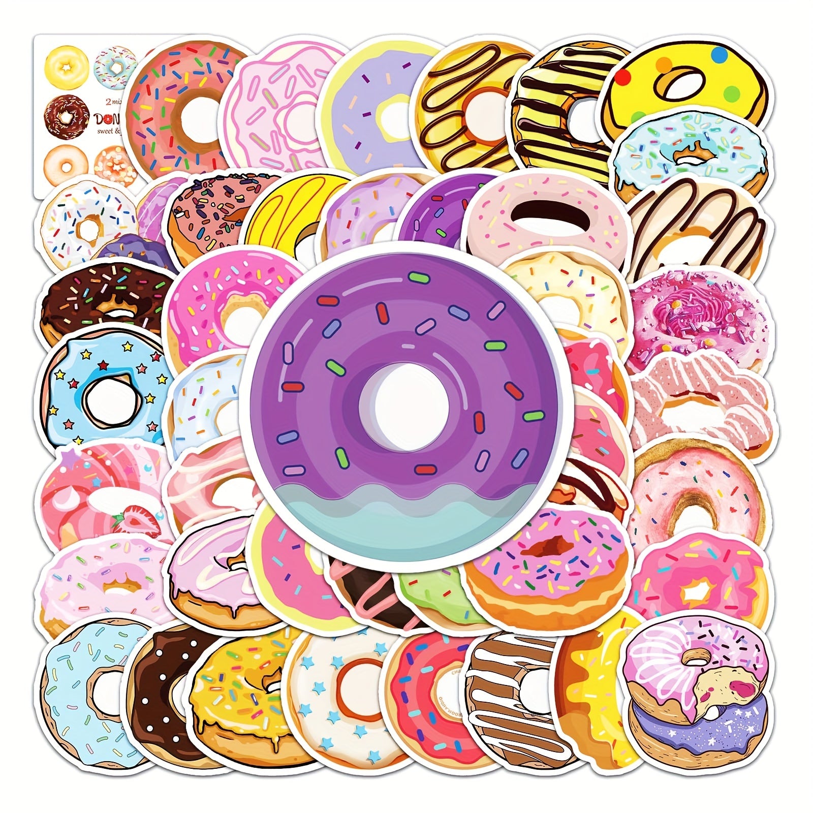 50pcs Donut Pattern Waterproof Stickers For Water Bottles Laptop Scrapbook