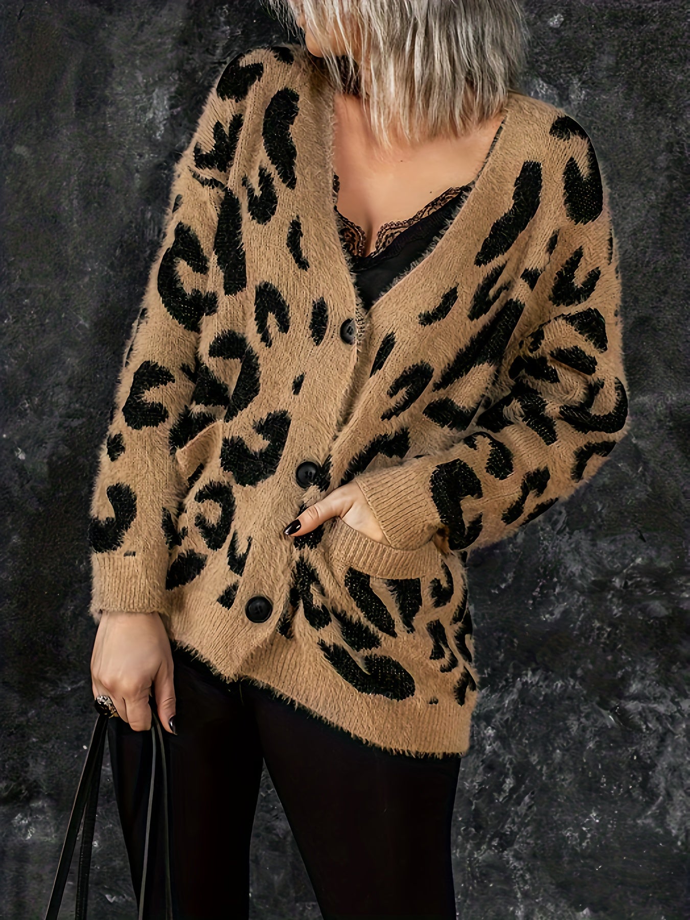  Leopard Pattern Long Sleeve Button Up Cardigan