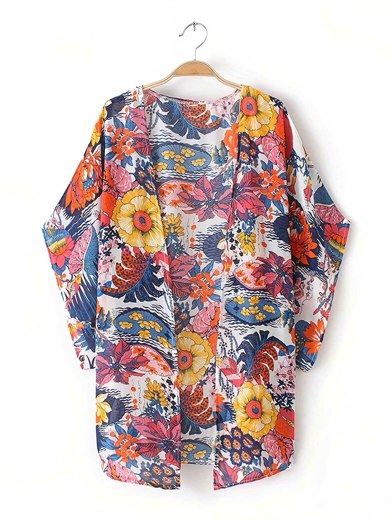 Floral Print Chiffon Kimono Cover Up Soft Loose Beach Cover Up Top