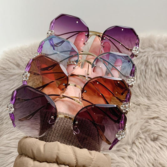 Oversized Rimless Rhinestones Sunglasses Gradient Vintage Ladies