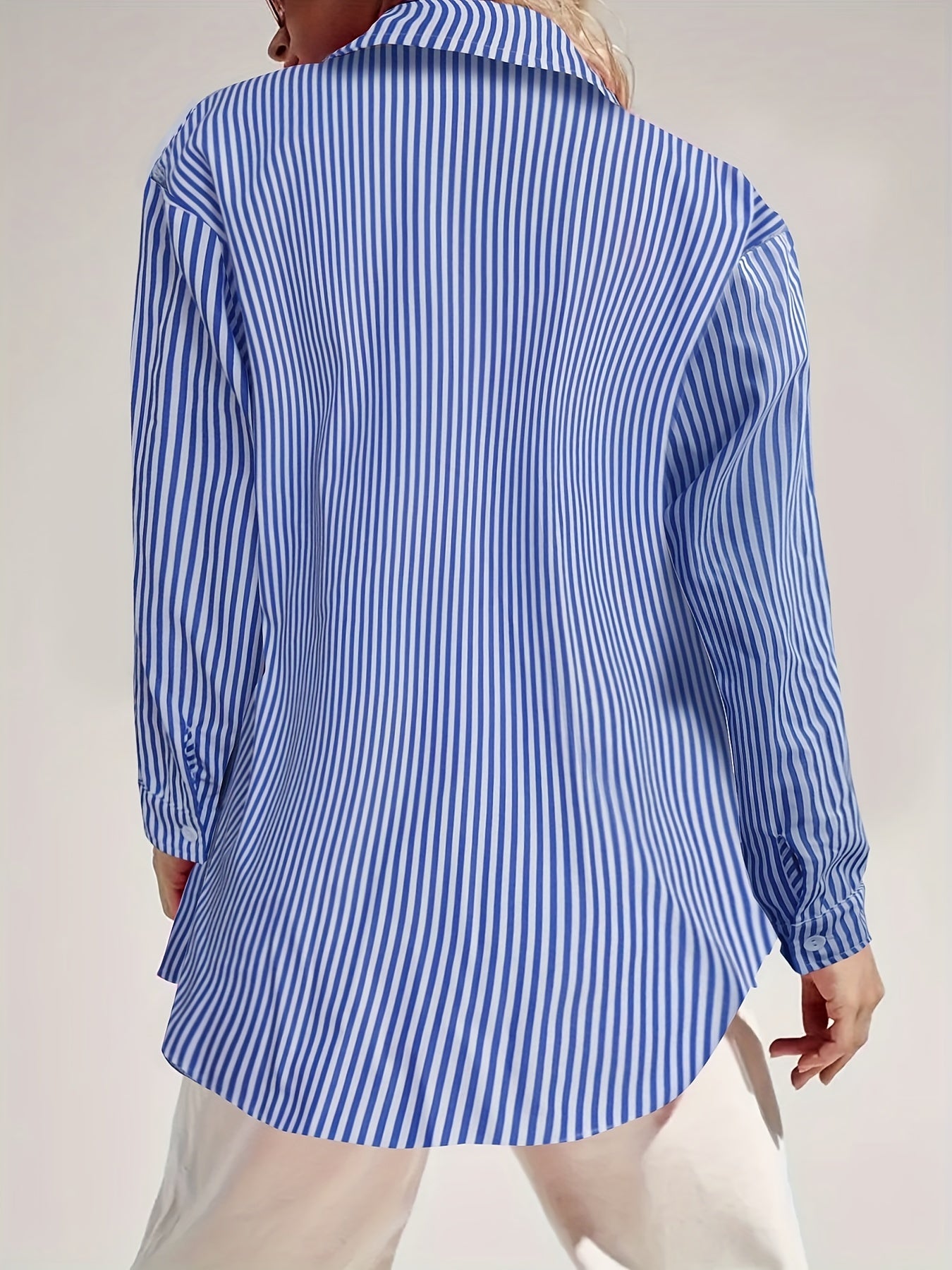  Nautical Stripe Print Button Up Long Sleeve Blouse