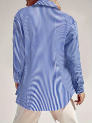  Nautical Stripe Print Button Up Long Sleeve Blouse