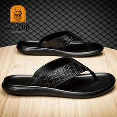 LAORENTOU Men's Leather Plaid Flip Flops Arch Support Thong Sandals