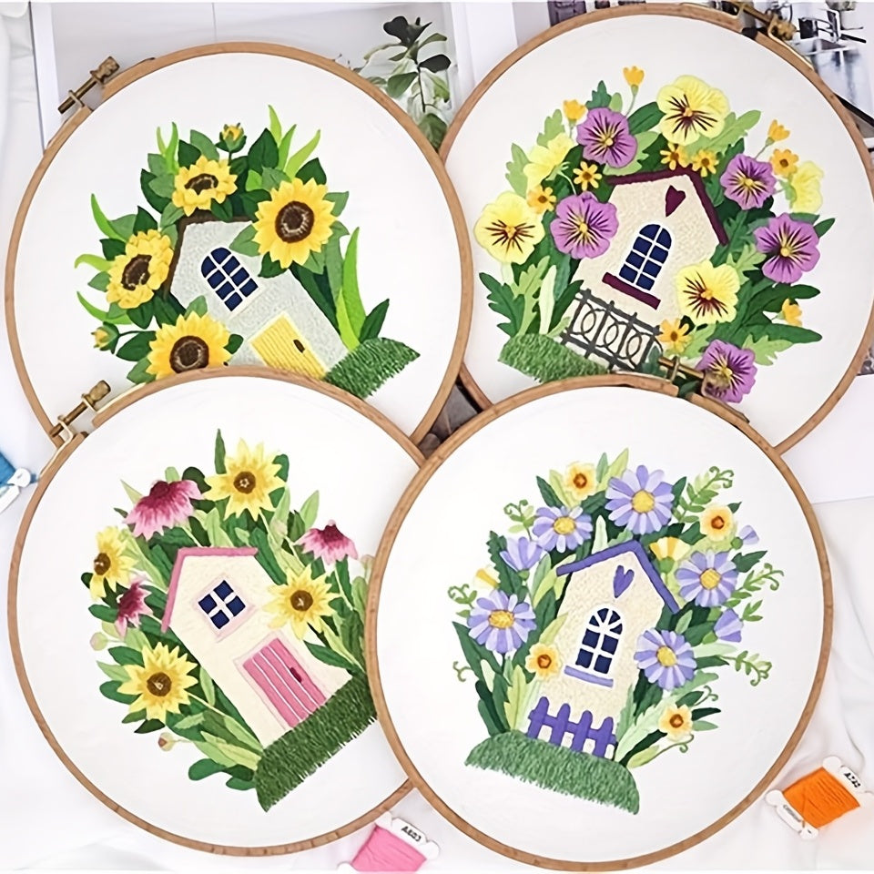 Embroidery Starter Kit Flower Theme Cross Stitch Adults Embroidery Hoop Threads