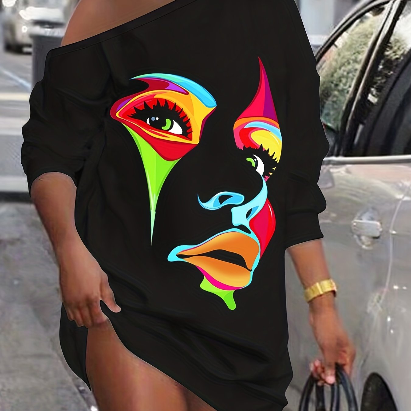  Sexy Dress Women's Plus Abstract Print One Shoulder Long Sleeve Tee