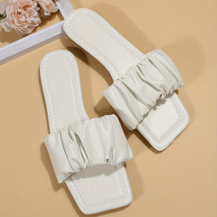 Women's Pleated Slide Sandals Square Toe Comfy Slip On Flats