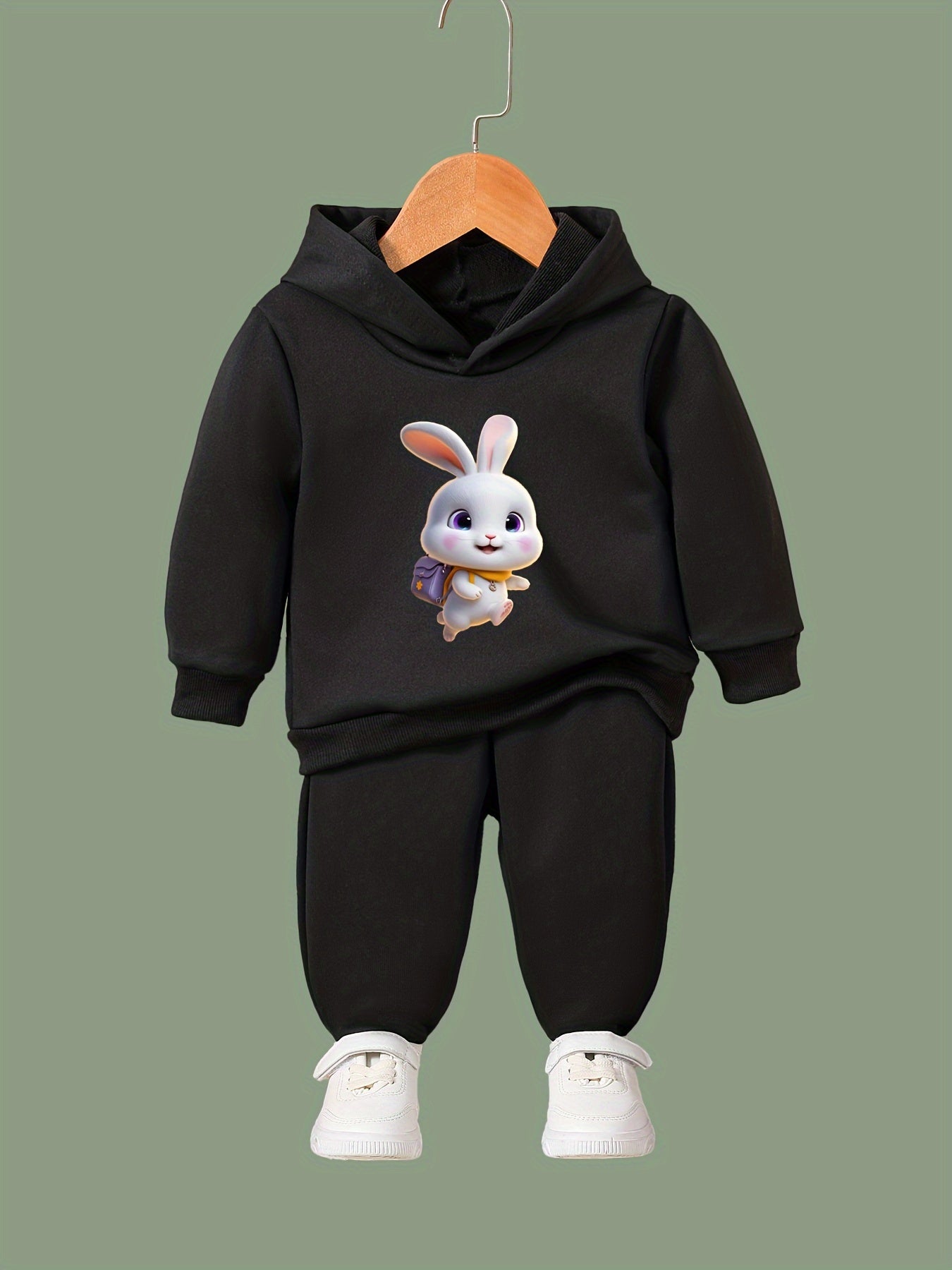 Girls Bunny 3D Print Hooded Sweatshirt Top Sweatpants Set