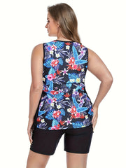  Tropical Print Tankini Set Crisscross Front Tank Top & Shorts