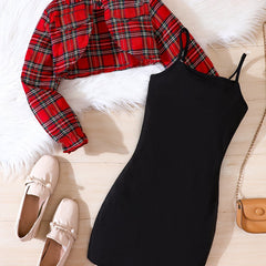Girl's Plaid Cardigan & Sundress Set for Spring Summer