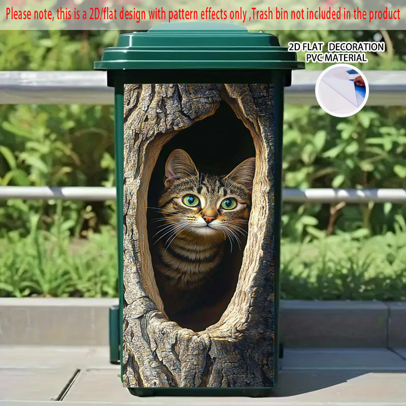 Realistic Tabby Cat Tree Hole Sticker Weather Resistant Art for Trash Bins