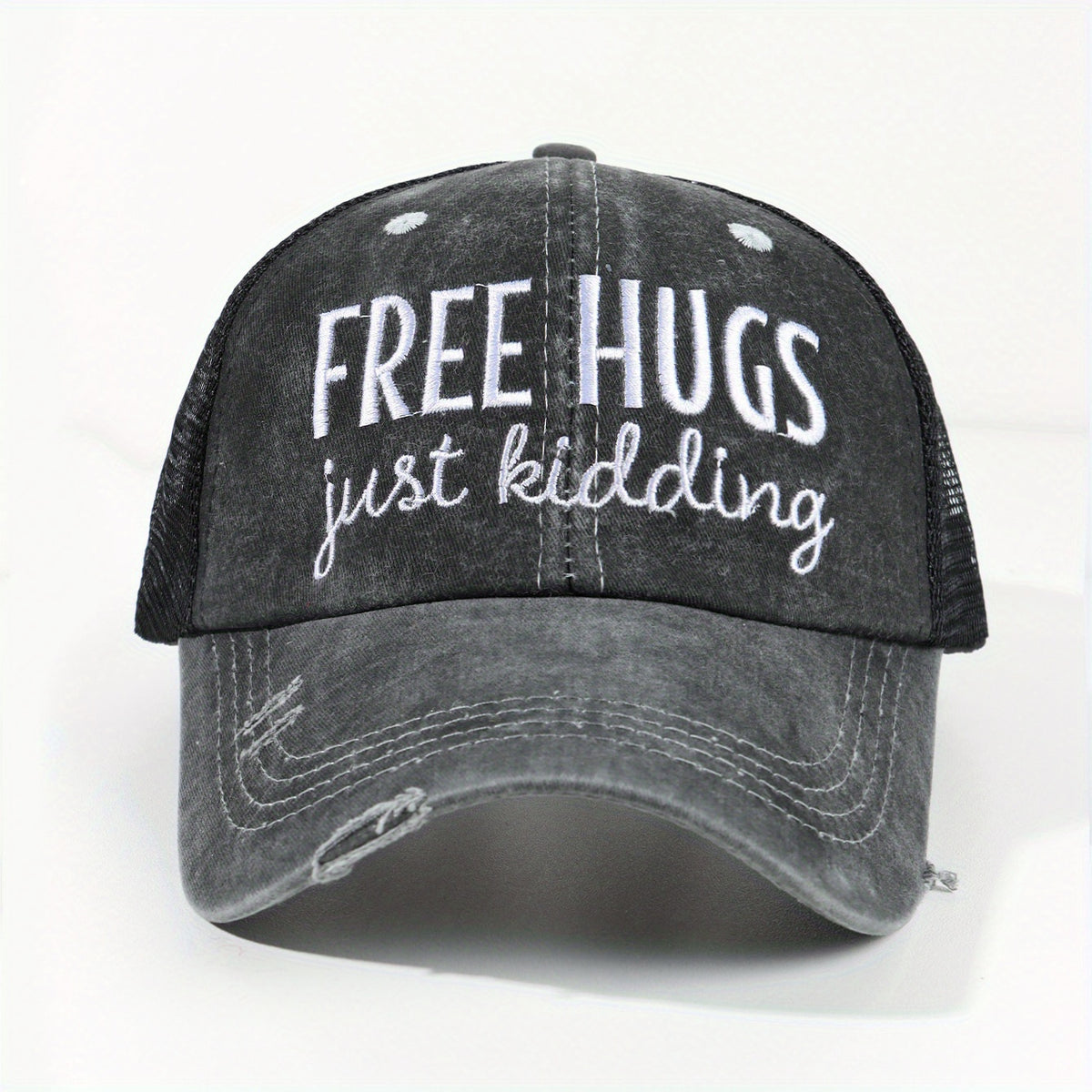 HUGS Ponytail Trucker Hats Washed Distressed Embroidery Baseball Cap