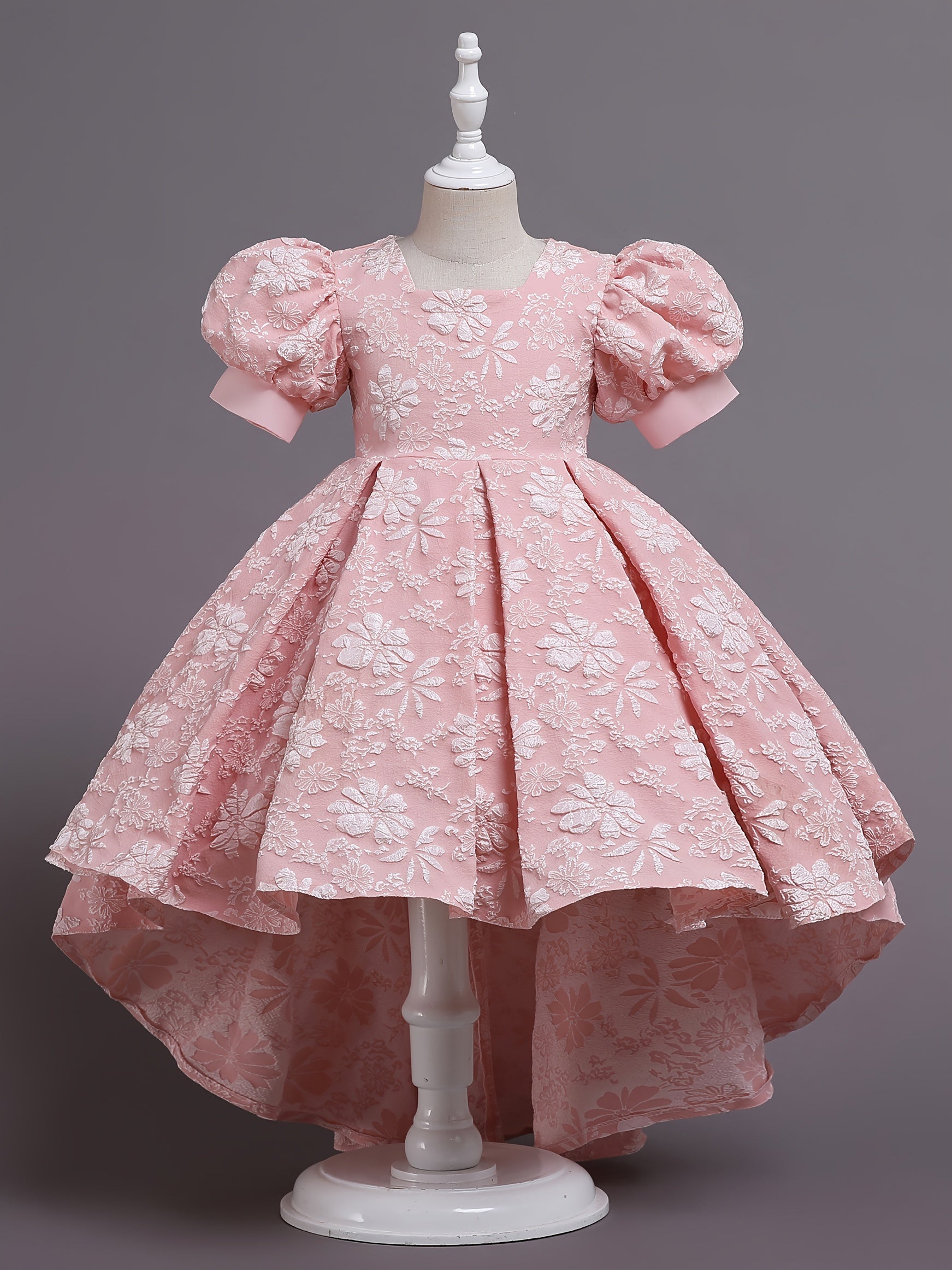 Girls' Formal Flower Jacquard Bubble Sleeve Trailing Evening Dress