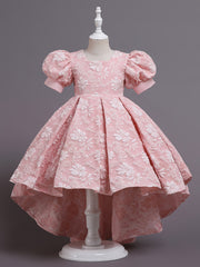 Girls' Formal Flower Jacquard Bubble Sleeve Trailing Evening Dress
