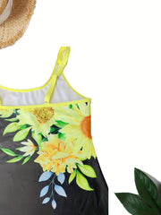  Sunflower Print Tankini Set - Top & Shorts