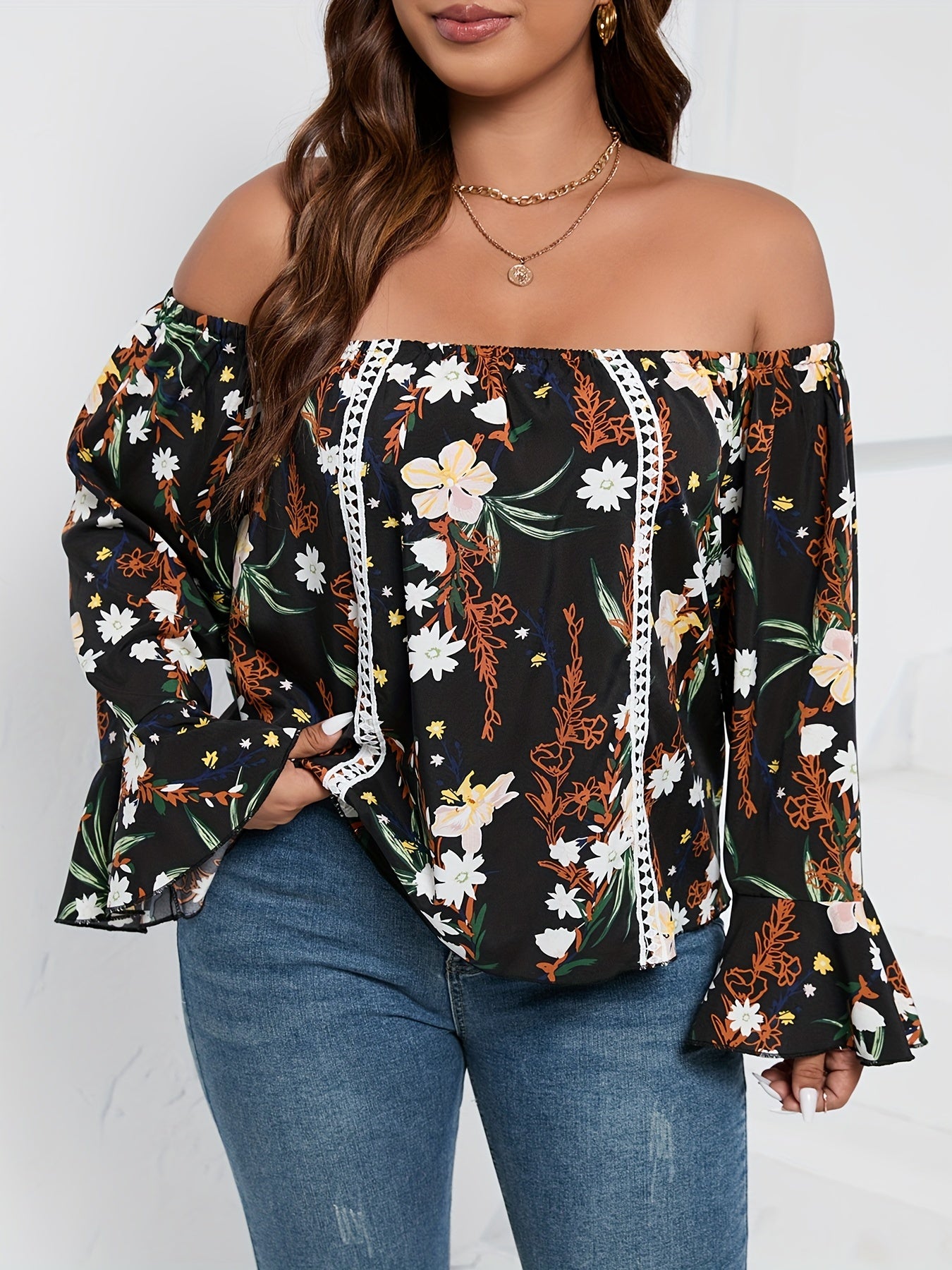  Blouse Women's Plus Floral Print Off Shoulder Bell Sleeve Shirt Top