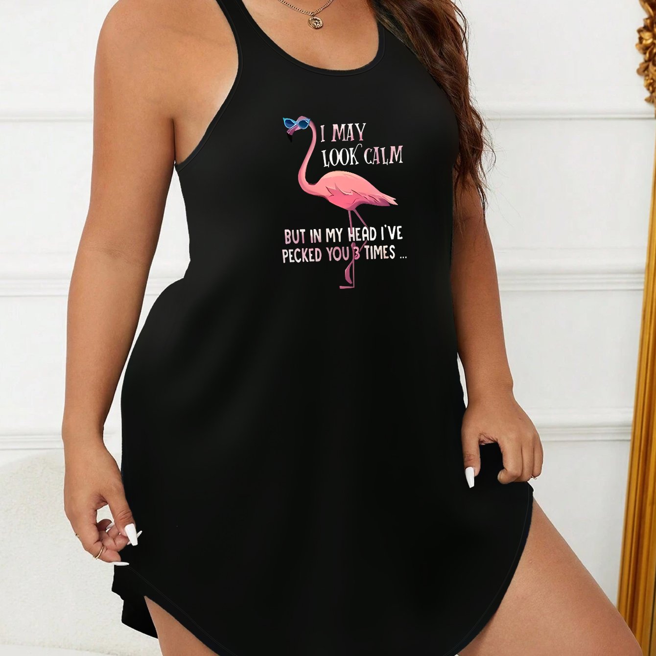  Slogan & Flamingo Print Nightdress Women's Tank Sleep Dress