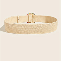 Boho Style Beaded Elastic Belt Colorful Wooden Beads Handwoven Round Buckle