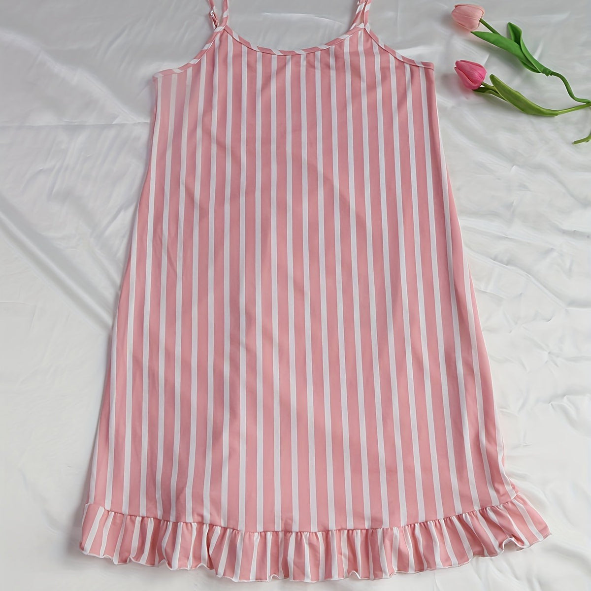 Striped Print Nightdress Sexy Ruffle Spaghetti Strap Sleep Dress