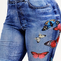  Denim & Butterfly Print High Rise Skinny Shorts