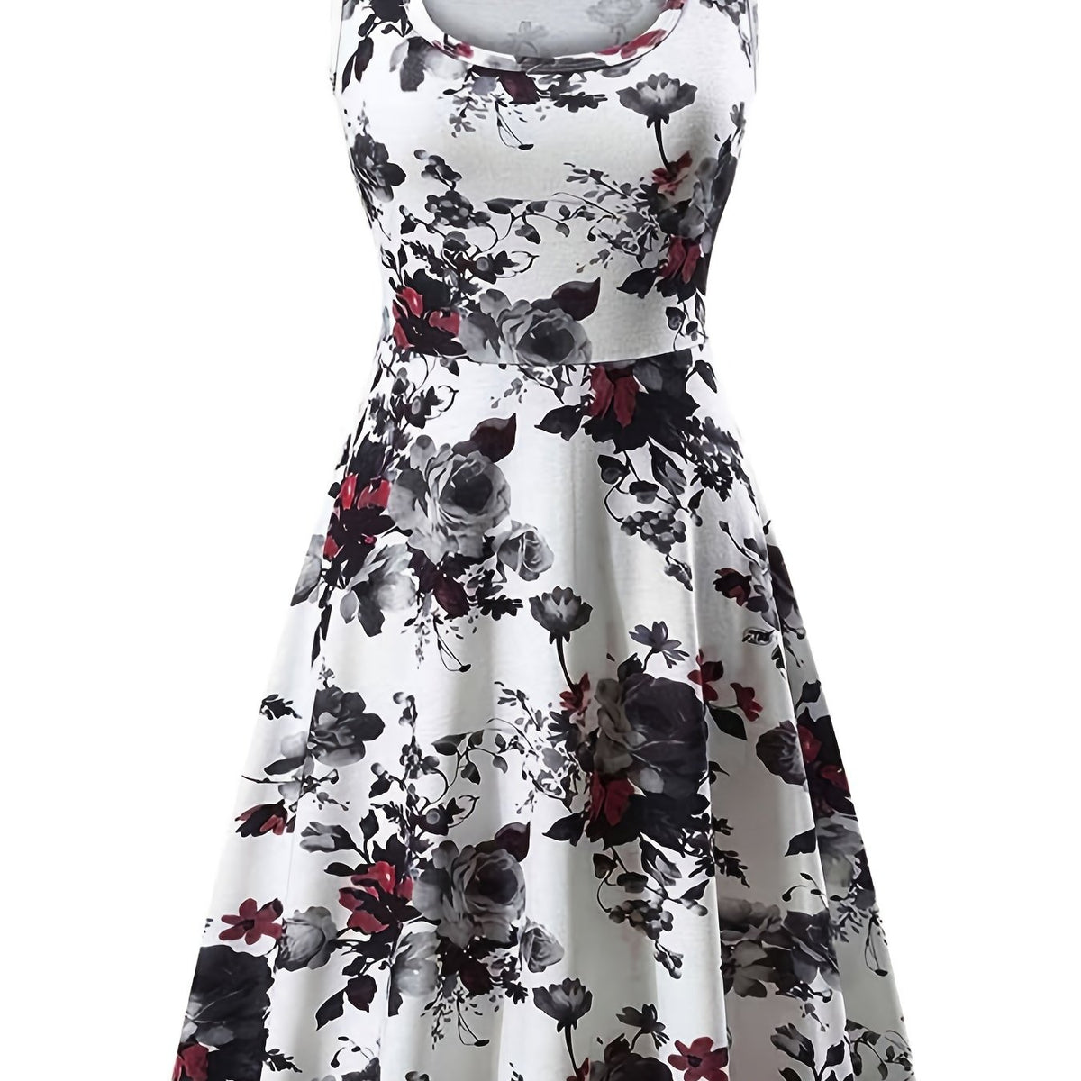  Floral Print Round Neck Stretch Tank Dress