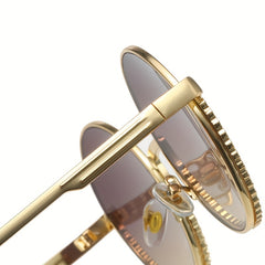 Round Metal Frame Sunglasses Rhinestone Decor Gradient Glasses UV400