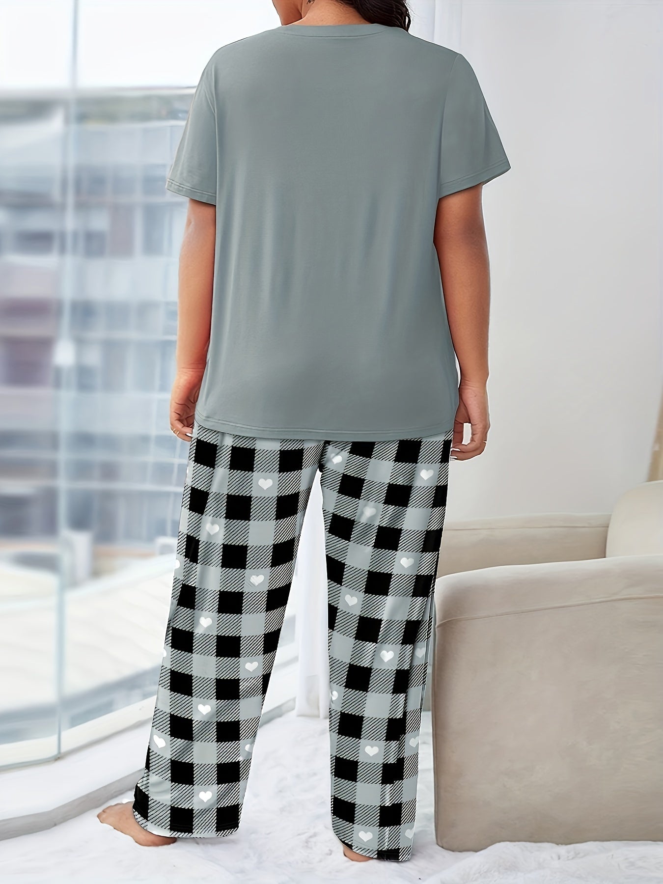  Casual Lounge Set Women's Plus Letter & Eyelash Print Tee & Heart Plai