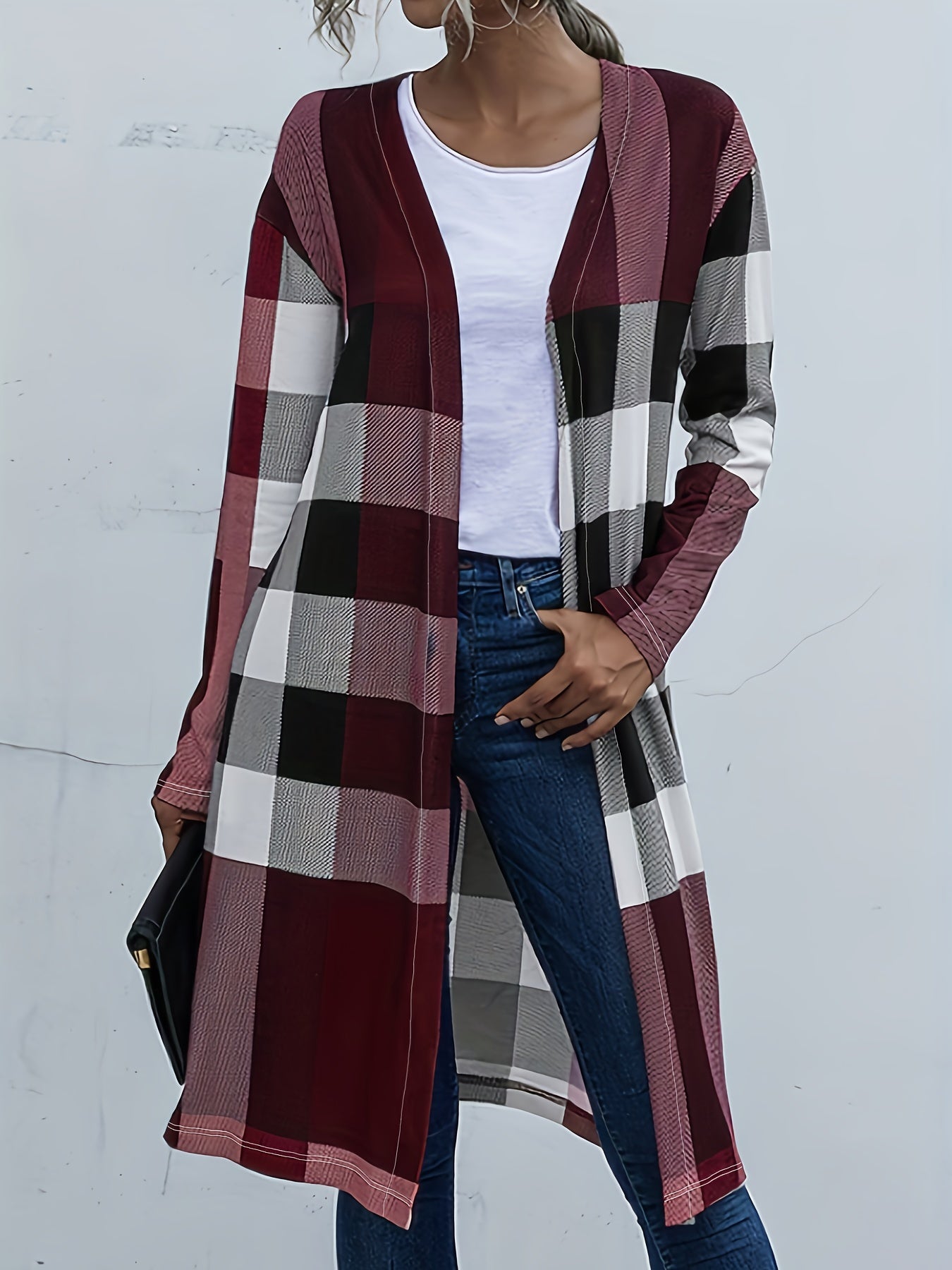  Colorblock Gingham Print Open Front Cardigan